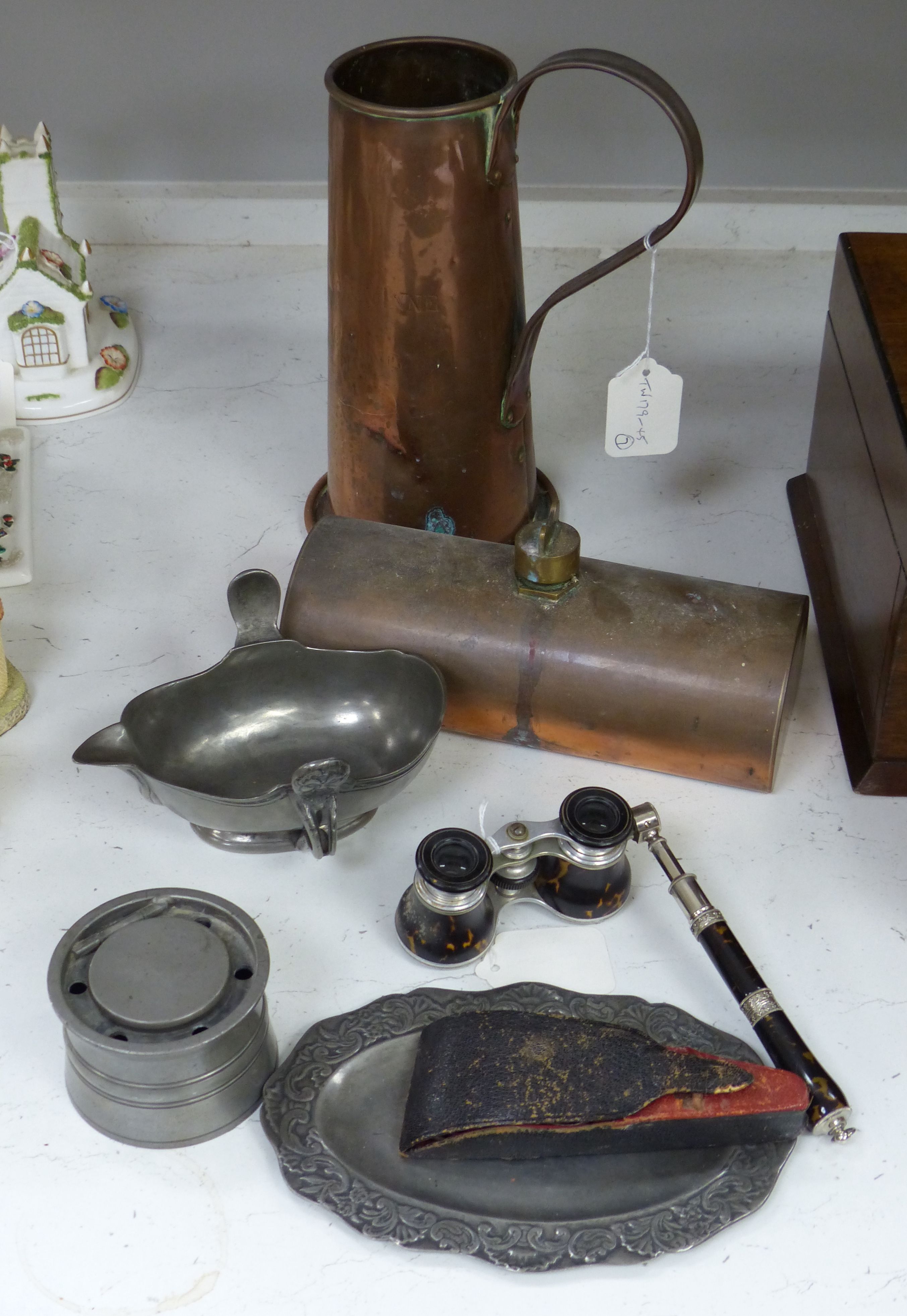 Miscellaneous items, including a pewter inkwell, three pairs of cut steel scissors, leather-cased, a pair of opera glasses, a copper jug, etc.